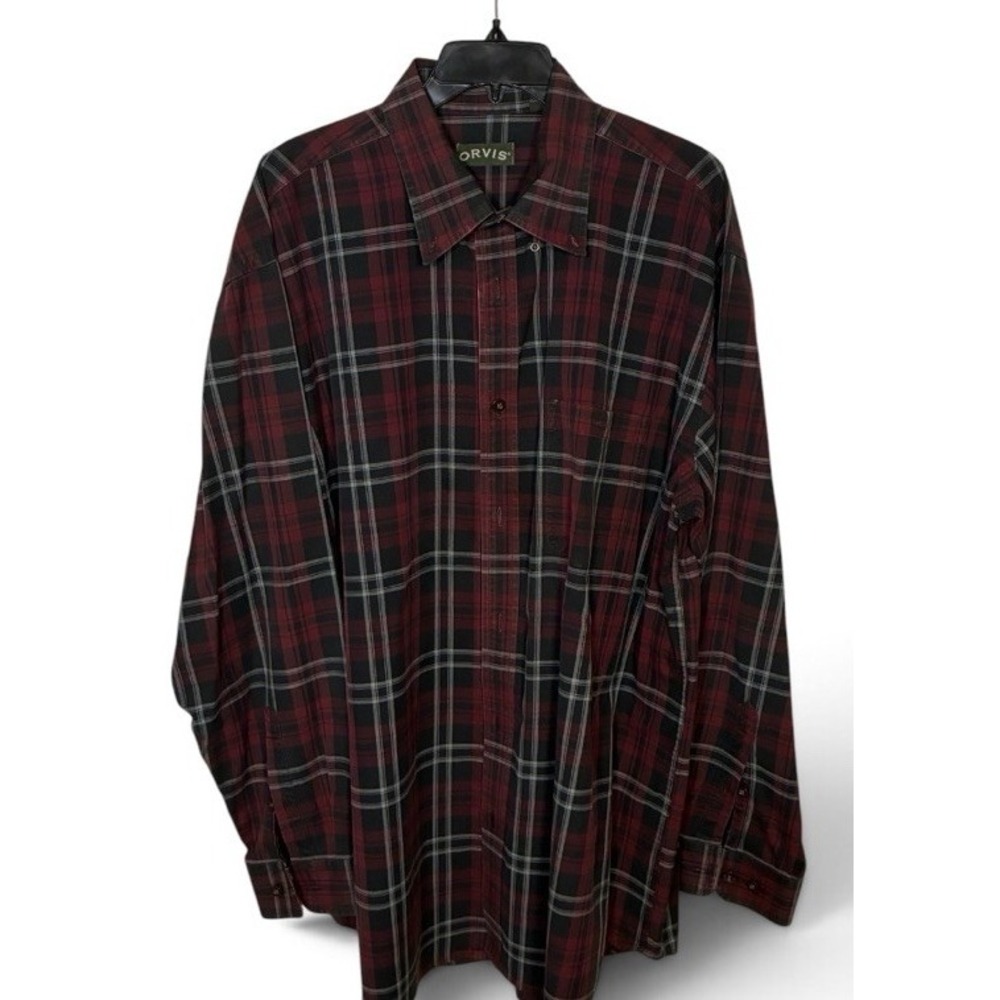 Orvis Men's 2XL Big & Tall Plaid Button Down Shirt Red Black Gray Long Sleeve